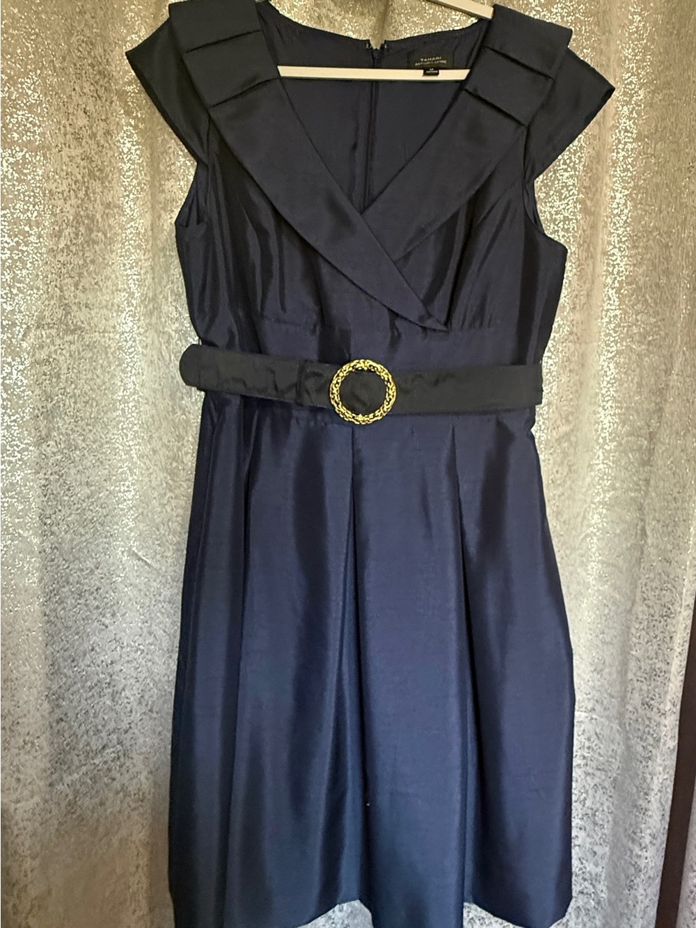 Tahari Navy V-Neck Sleeveless Belted Dress with Gold Buckle